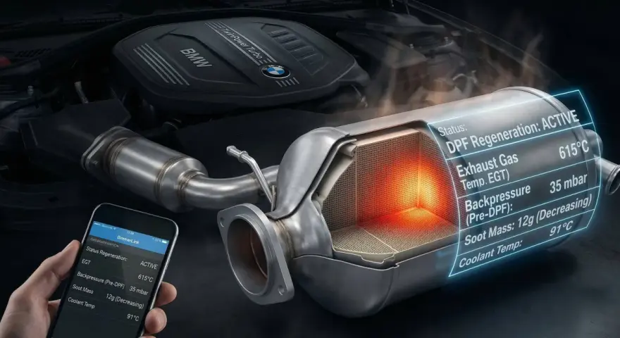 Silnik BMW TwinPower Turbo z aktywną regeneracją DPF. Na ekranie telefonu dane o temperaturze spalin i masie sadzy.