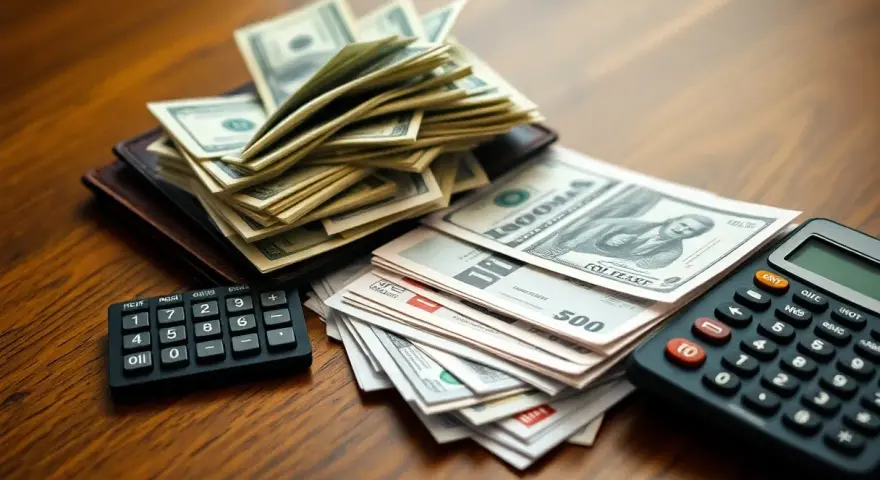 Stos banknotów i kalkulatory na drewnianym blacie. Zastanawiasz się, skąd wziąć pieniądze na długi? Czas na planowanie finansowe.