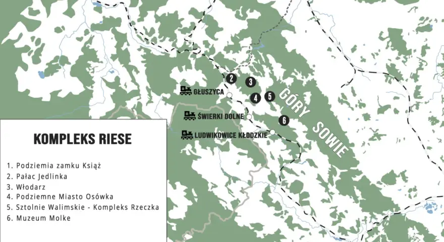 Mapa turystyczna przedstawiająca kompleks Riese z zaznaczonymi atrakcjami: Podziemia zamku Książ, Pałac Jedlinka, Włodarz, Podziemne Miasto Osówka, Sztolnie Walimskie i Muzeum Molke.