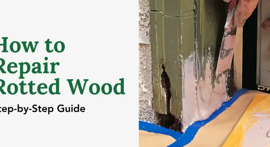A close-up shows a person applying wood filler to a damaged, green-painted corner, illustrating wood siding repair.
