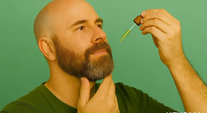 Hombre calvo con barba hipster, aplicando aceite con un gotero.