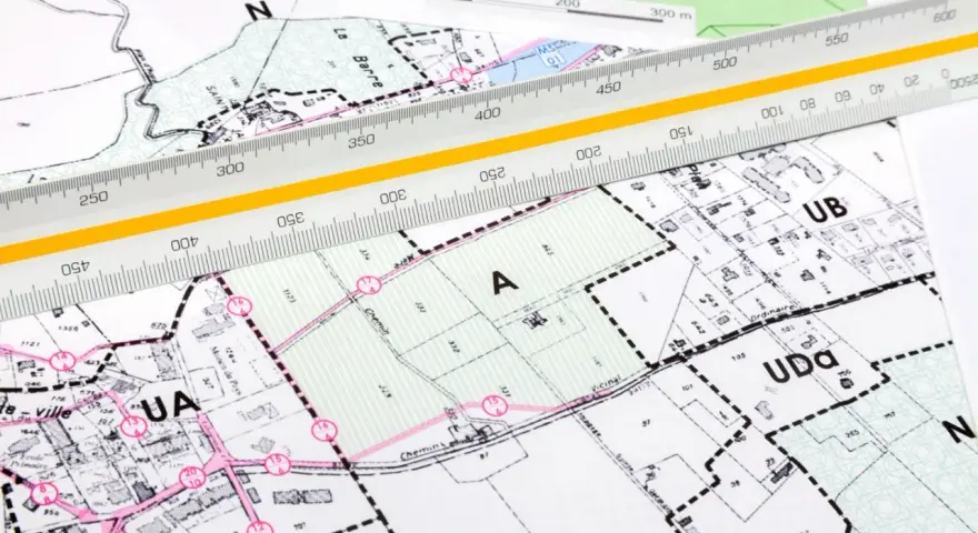 Plan zagospodarowania przestrzennego online: szczegółowe mapy z podziałem na działki i oznaczeniami stref, linijka geodezyjna do pomiarów.