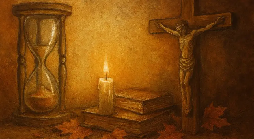 Klepsydra, płonąca świeca, księgi i krzyż symbolizują przemijanie. Jesienne liście podkreślają ulotność chwili.