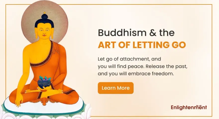 Buddha meditating, promoting the art of letting go of attachment for peace and freedom. Learn more about Buddhism.