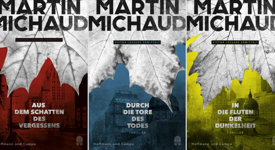 Drei Buchcover von Martin Michaud mit stilisierten Blättern und Stadtansichten in Rot, Blau und Gelb.
