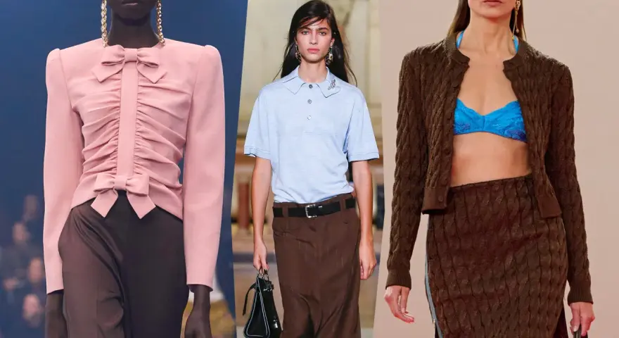 Modelli in passerella con abbinamento rosa e marrone: un top con fiocco e pantaloni, una polo con gonna, e un cardigan con gonna.