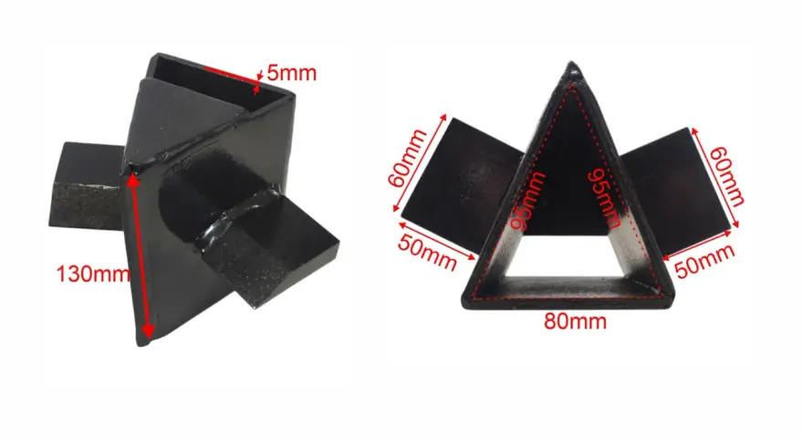 Czarny, metalowy klin do łuparki, z wymiarami 130mm, 95mm, 80mm, 60mm i 50mm.