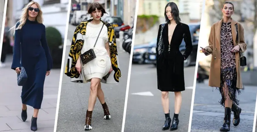 Sei donne sfoggiano look diversi, ognuna con un vestito con stivali bassi, creando un'elegante sfilata di moda urbana.