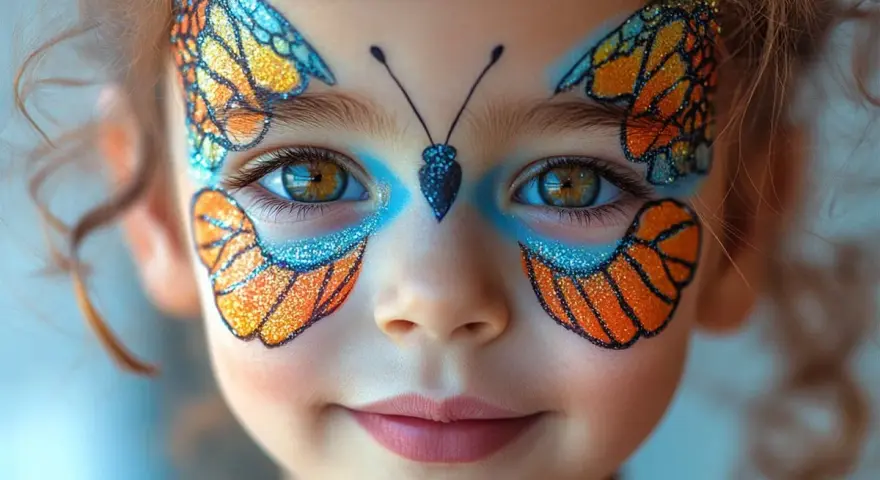 Ein Kind mit einem wunderschönen Schmetterling Schminken, das wie ein Monarchfalter aussieht. Glitzernde Flügel zieren Wangen und Augen.