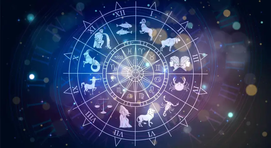 Zodiak z symbolem bliźniąt od kiedy? Koło zodiaku z wizerunkami znaków, w tym bliźniąt, na tle kosmicznym.