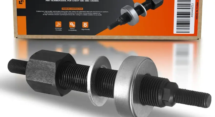 A harmonic balancer installation tool, crafted from heavy-duty steel, designed for Chevy SBC BBC cranks.