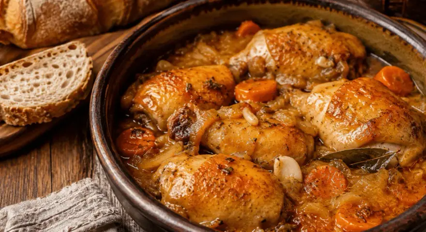 Muslos de pollo en salsa, una receta de la abuela que huele a hogar. Acompañados de pan rústico y zanahorias tiernas.