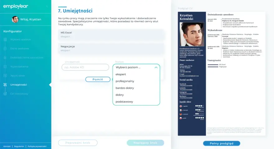Dodaj umiejętności do CV, np. MS Excel na poziomie eksperta, by podkreślić swoje kompetencje.
