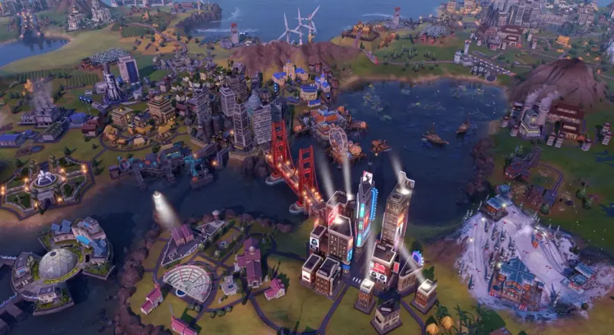 Ciudad futurista con puente rojo, rascacielos y estación de esquí. Trucos Civilization VI para dominar el mundo.