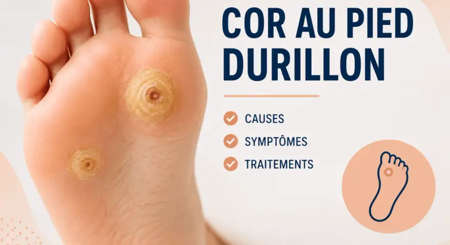 Gros plan sur un pied présentant des cors. Le texte indique "COR AU PIED DURILLON" et liste les causes, symptômes et traitements pour savoir comment soigner un cor.