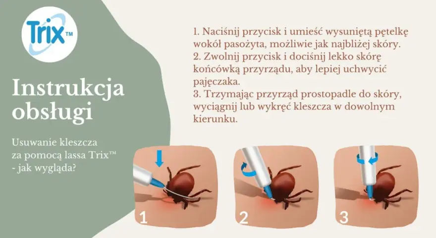 Instrukcja usuwania kleszczy za pomocą przyrządu Trix™. Kleszcze samozaciskowe są łatwe do usunięcia.