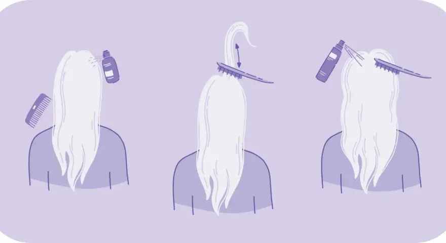 Steg för steg: spraya, borsta och tupera håret för volym.