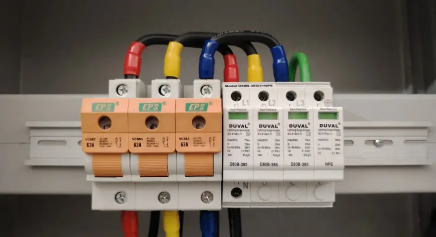 Ogranicznik przepięć t1+t2 chroni instalację przed wyładowaniami atmosferycznymi. Widoczne moduły DUVAL i EPS.