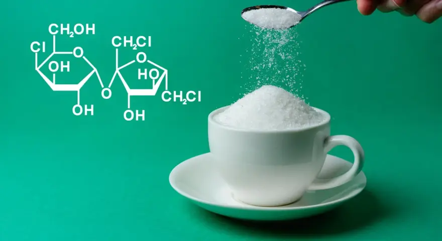 Wzór chemiczny sukralozy obok filiżanki cukru. Czy sukraloza a cukrzyca to dobry wybór?