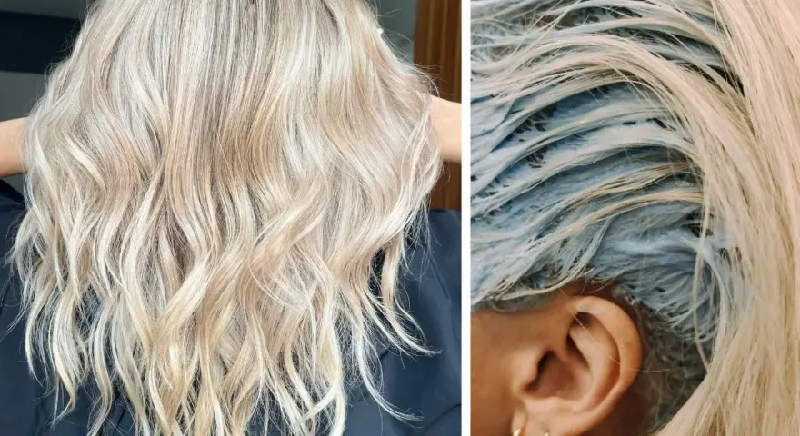 Efektowne tonowanie włosów blond. Po lewej piękny, rozświetlony kolor, po prawej widać proces aplikacji produktu.