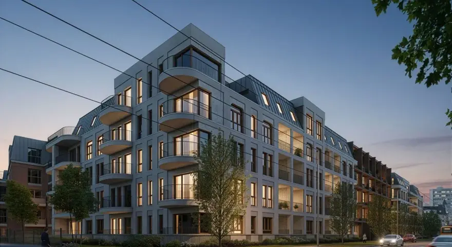 Nowe inwestycje Poznań: nowoczesne apartamentowce z balkonami i mansardowymi dachami, oświetlone wieczornym światłem, przy ulicy z torami tramwajowymi.