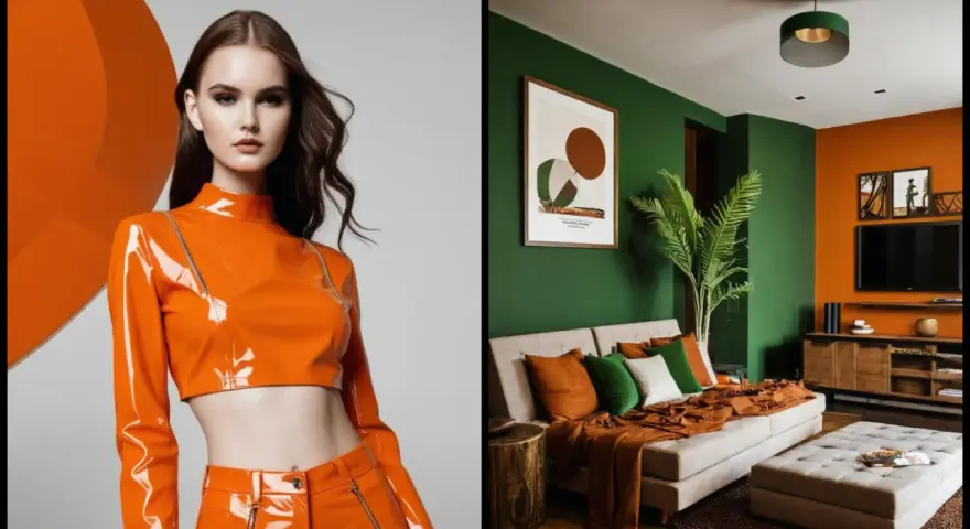 Mujer con atuendo **naranja color** brillante junto a un salón moderno con paredes verdes y naranjas, sofá y cojines.