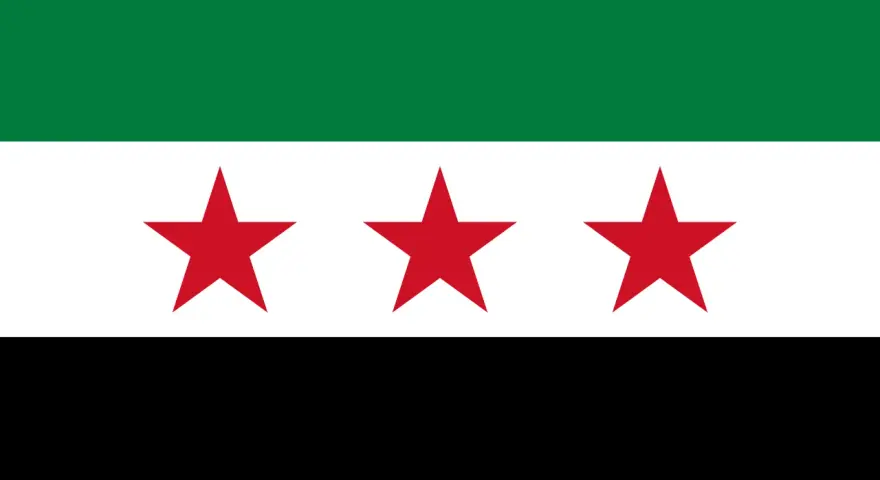 Flaga Syrii: trzy czerwone gwiazdy na białym pasie, między zielonym a czarnym pasem.