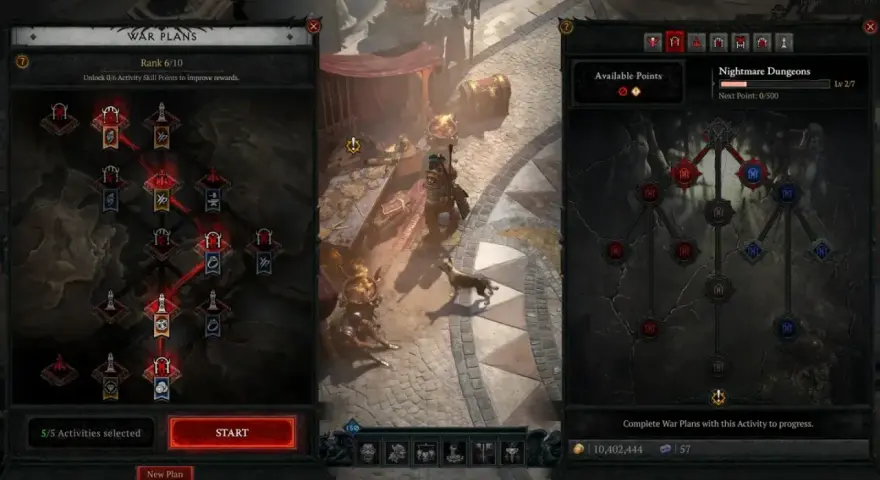 Interfaz de Diablo 4: un bárbaro construye un plan de guerra para mazmorras de Pesadilla.