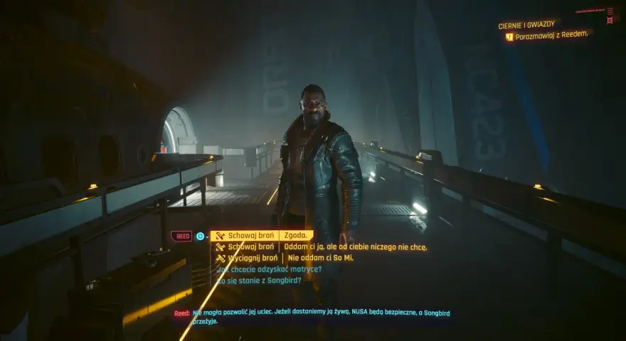Cyberpunk: Widmo wolności. Reed rozmawia o zakończeniu, gdy deszcz pada na Night City.