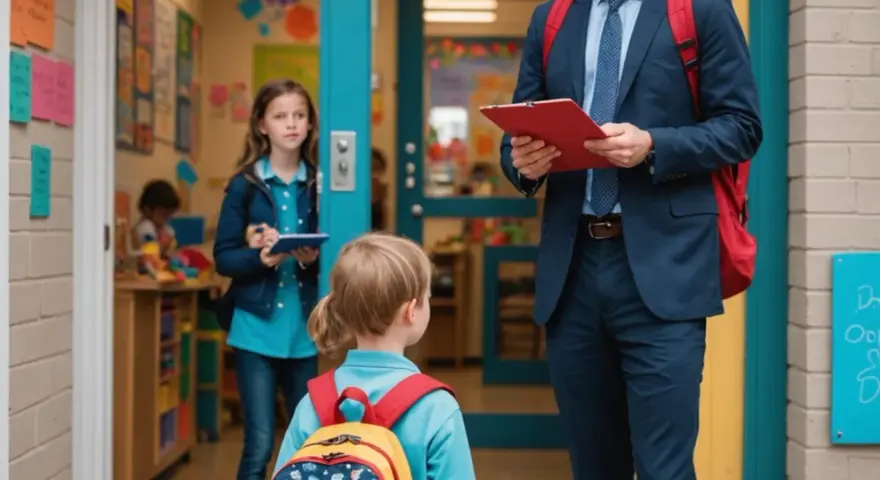Nauczyciel z teczką i plecakiem wita dzieci w przedszkolu. Czy można wyrzucić dziecko z przedszkola? Nie, to miejsce dla wszystkich.