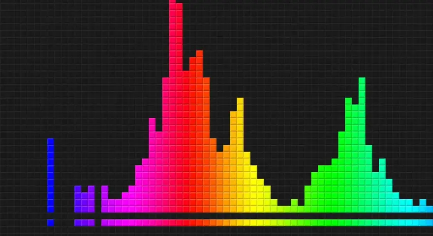 Kolorowy histogram, pokazujący rozkład jasności pikseli. Różne wysokości słupków odzwierciedlają bogactwo **bit depth** w obrazie.