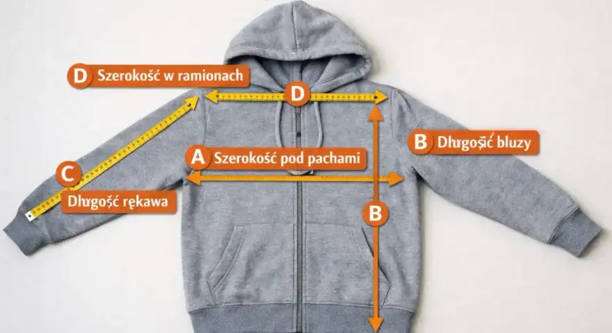 Szara bluza z kapturem, rozmiar M, z miarką pokazującą jak zmierzyć szerokość pod pachami (A), długość bluzy (B), długość rękawa (C) i szerokość w ramionach (D).