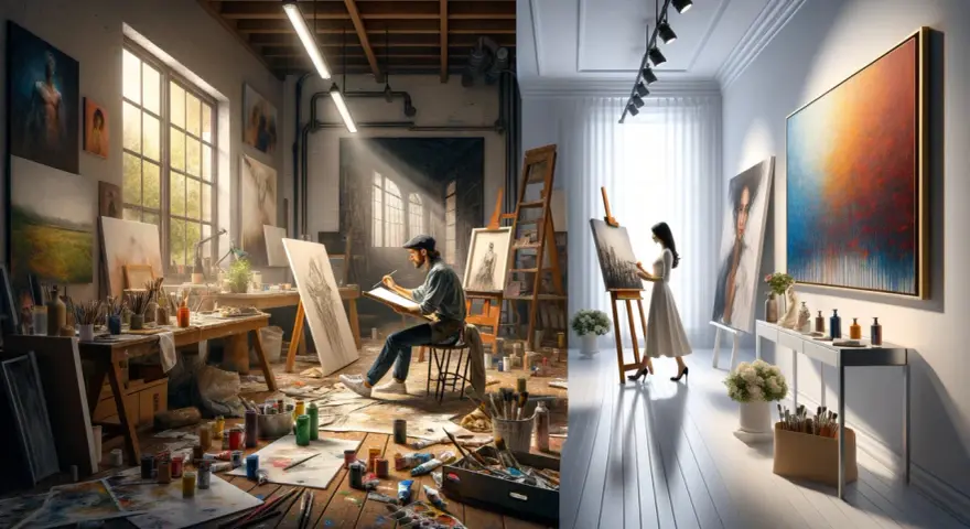 Dans une galerie recherche artiste, deux ateliers contrastés : l'un bohème et lumineux, l'autre épuré et moderne.
