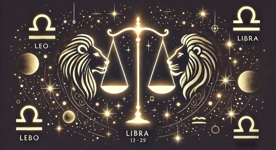 Złoty lew i waga na tle nocnego nieba pełnego gwiazd. Symbol zodiaku Waga i Lwa.