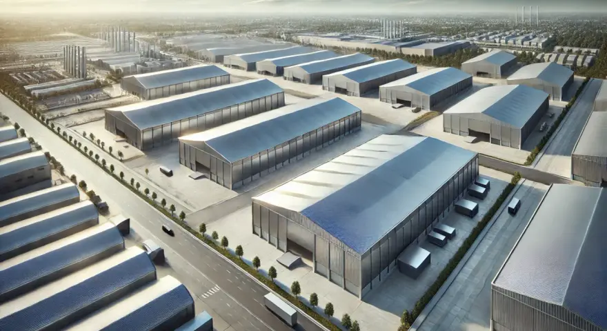 Vista aérea de un polígono industrial con naves de fachada zinc.