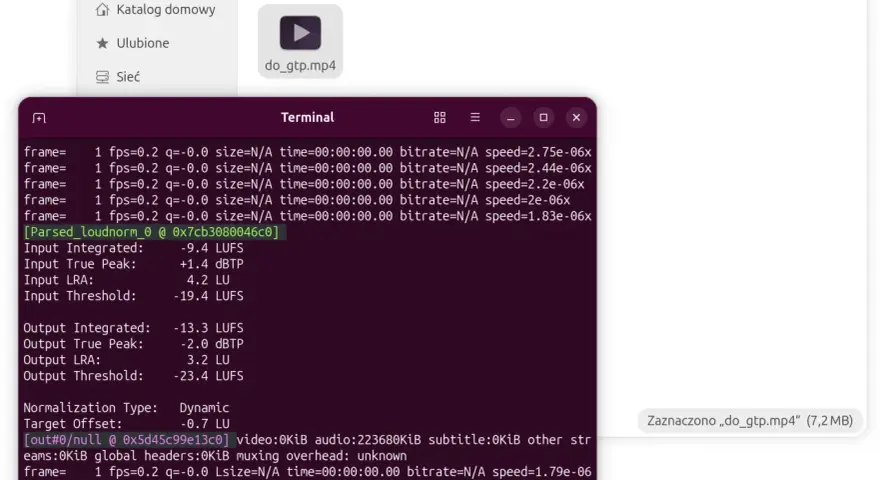 Terminal pokazuje analizę głośności pliku wideo. Wyniki loudness co to, wskazują na znormalizowany poziom dźwięku.