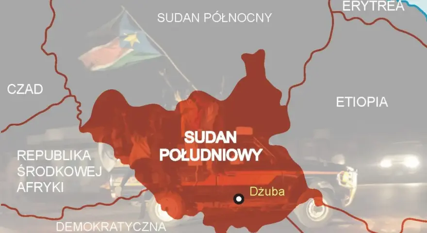 Mapa Afryki: Sudan Południowy, otoczony przez Sudan Północny, Czad, Republikę Środkowej Afryki, Demokratyczną Republikę Kongo, Ugandę, Kenię, Etiopię i Erytreę.