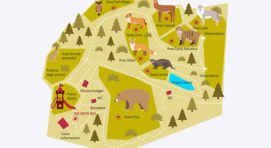 Mappa illustrata di Spormaggiore: scopri le aree degli animali, il parco giochi, il ristoro e gli osservatori. Cosa vedere per un'avventura nella natura!
