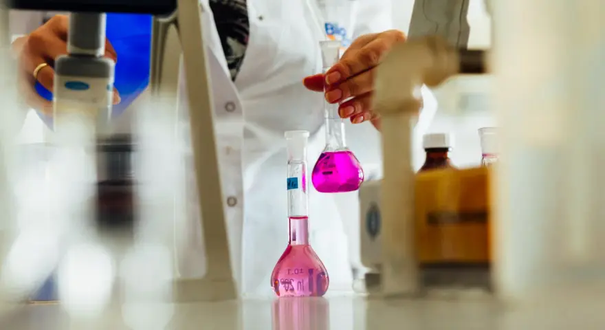 Ręce w białym fartuchu trzymające kolby z różowym płynem w laboratorium.