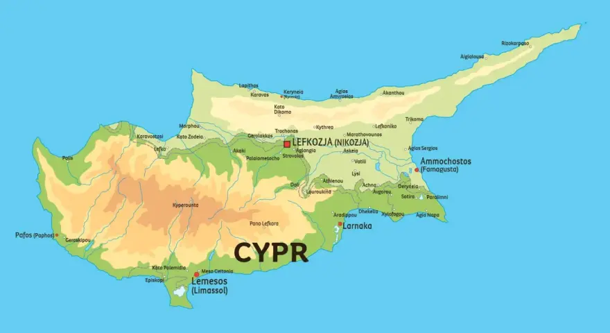 Mapa pokazuje, gdzie leży Cypr, z zaznaczonymi miastami jak Nikozja, Limassol i Larnaka.