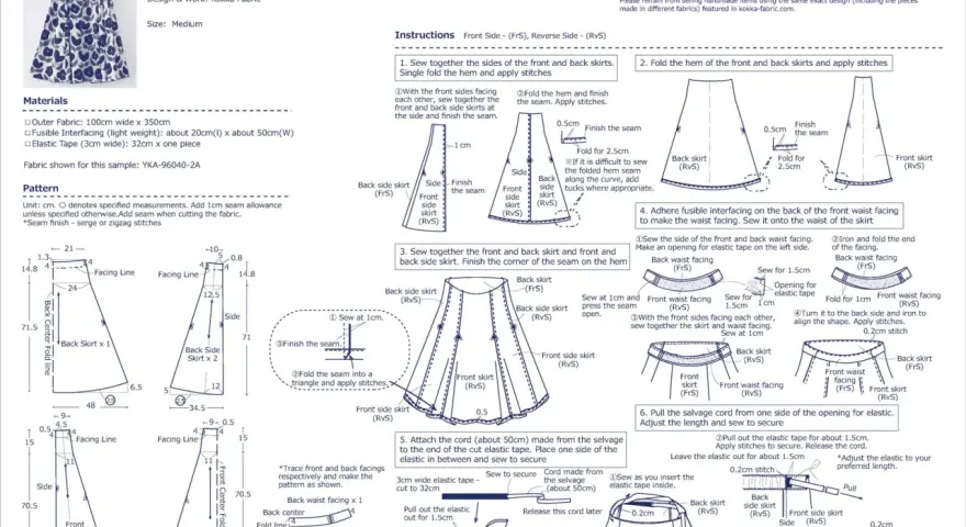 Instructions pour coudre un patron jupe évasée. Le schéma montre les pièces de tissu et les étapes de couture.
