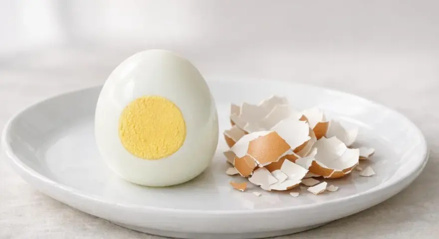 Un œuf dur coupé en deux, montrant son jaune parfait, à côté de sa coquille ébréchée. La cuisson de l'œuf dur est réussie.