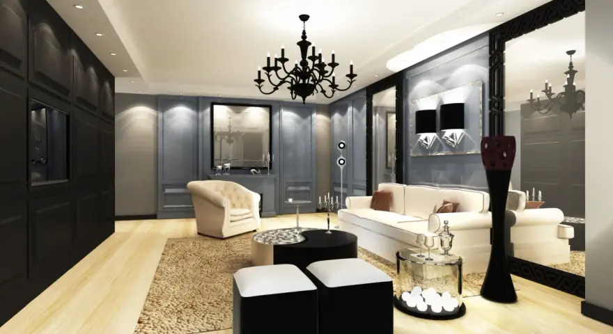 Elegancki salon w gotyckim stylu, z czarnym żyrandolem, kremową sofą i fotelem, ozdobiony lustrami i geometrycznymi akcentami.