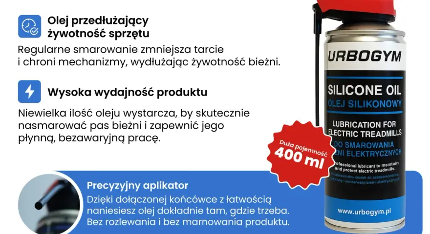 Olej silikonowy do paneli URBOGYM 400 ml. Przedłuża żywotność sprzętu, zmniejsza tarcie i zapewnia płynną pracę bieżni. Precyzyjny aplikator.