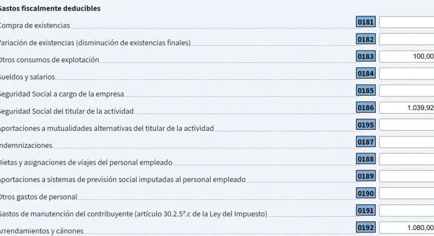 Detalle de gastos deducibles, incluyendo "Otros consumos de explotación" y "Seguridad Social del titular". Se considera cómo aplicar retenciones IRPF estando de baja.