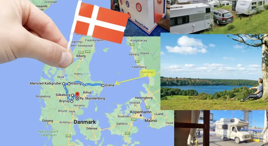 Planerar du en resa till Danmark? Bilden visar en karta över Danmark med en rutt markerad, samt campingplatser och vackra vyer. Ett perfekt danmark resmål för husbilen!