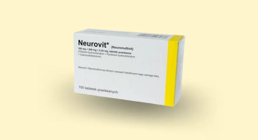 Opakowanie leku Neurovit, który może być stosowany jako lek na nerwobóle. Zawiera witaminy z grupy B.