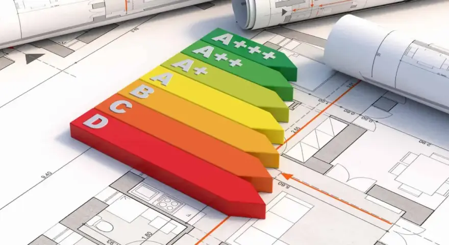 Kolorowy wskaźnik klasyfikacji energetycznej budynku od D do A+++ leży na planach architektonicznych.