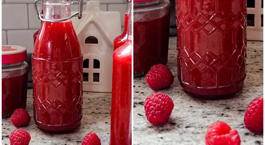 Himbeer Schnaps selber machen: Flaschen gefüllt mit rotem Likör, frische Himbeeren und ein kleines weißes Haus.