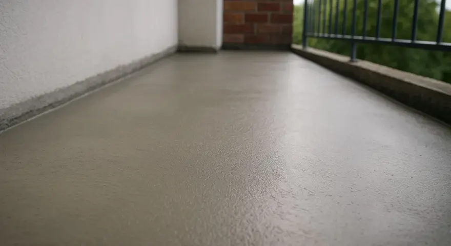 Świeżo wykonana wylewka na balkonie, gotowa na nowe wykończenie.